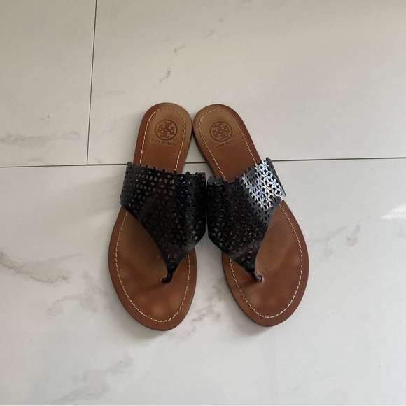 Tory Burch Floral Patent Perforated Thong Sandal - Picture 1 of 6